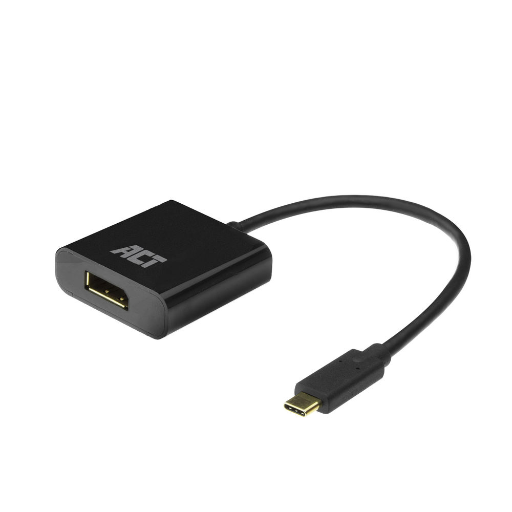Ein schwarzer ACT-Adapter mit einem USB-C-Kabel. Der Adapter hat einen HDMI-Anschluss. Der Hintergrund ist weiß.