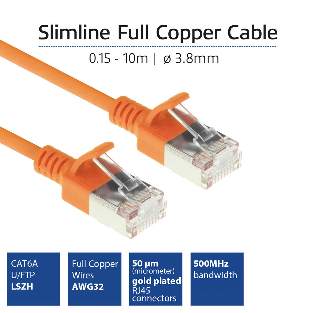 Pomarańczowy kabel sieciowy z złączami. Tekst: Slimline Full Copper Cable, CAT6A, U/FTP, LSZH, Full Copper Wires, AWG32.