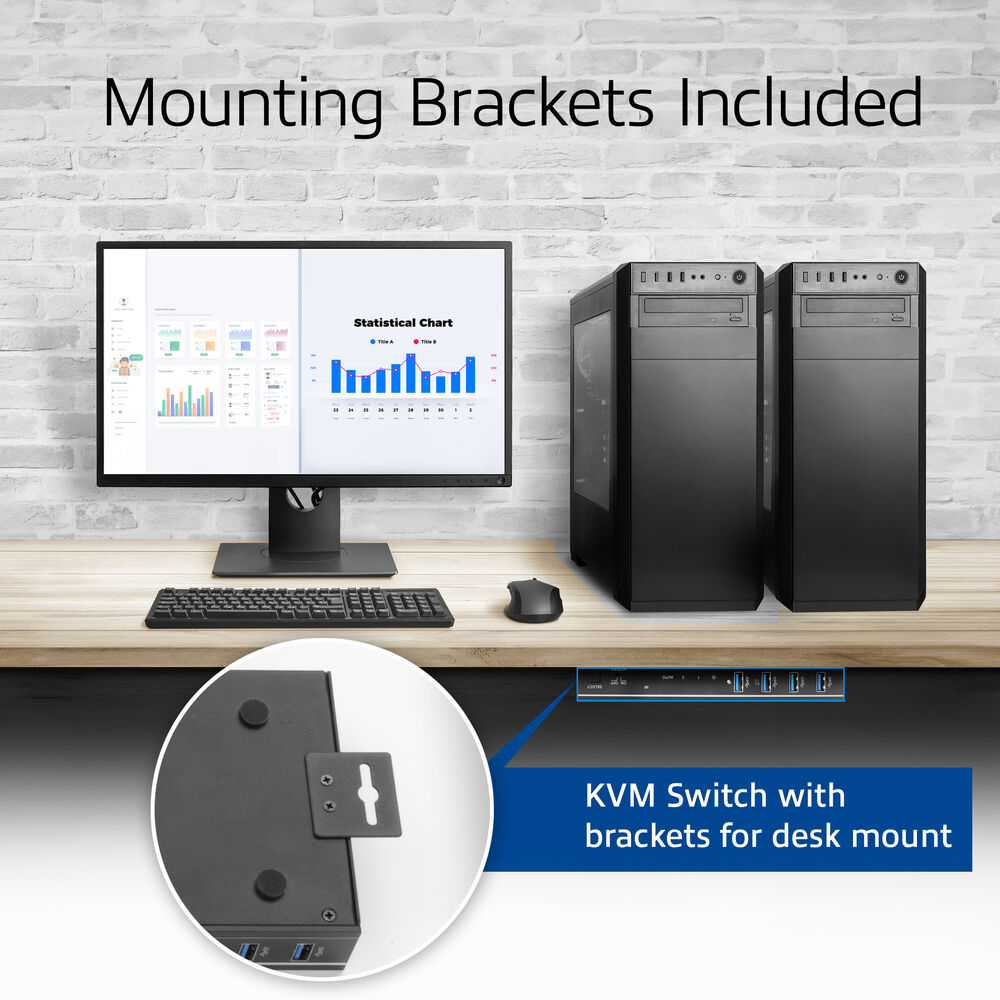 Un'impostazione del computer con monitor, tastiera, mouse, due torri nere e uno switch KVM con staffe.