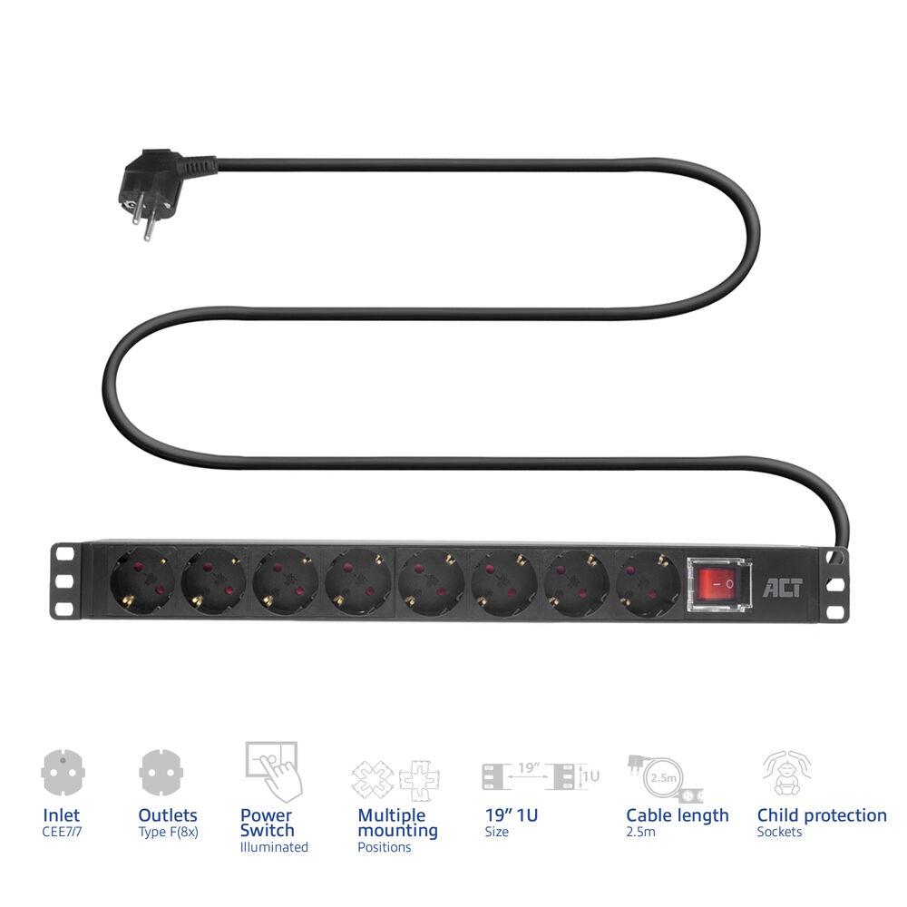 Ein schwarzes Stromkabel mit acht Steckdosen, einem Netzschalter und einem schwarzen Kabel mit Stecker. Symbole zeigen Funktionen wie Kindersicherung.