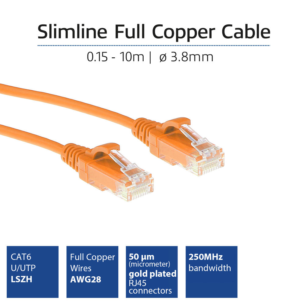 Pomarańczowy kabel sieciowy ze złączami RJ45. Tekst zawiera Slimline Full Copper Cable, CAT6 i inne specyfikacje techniczne.