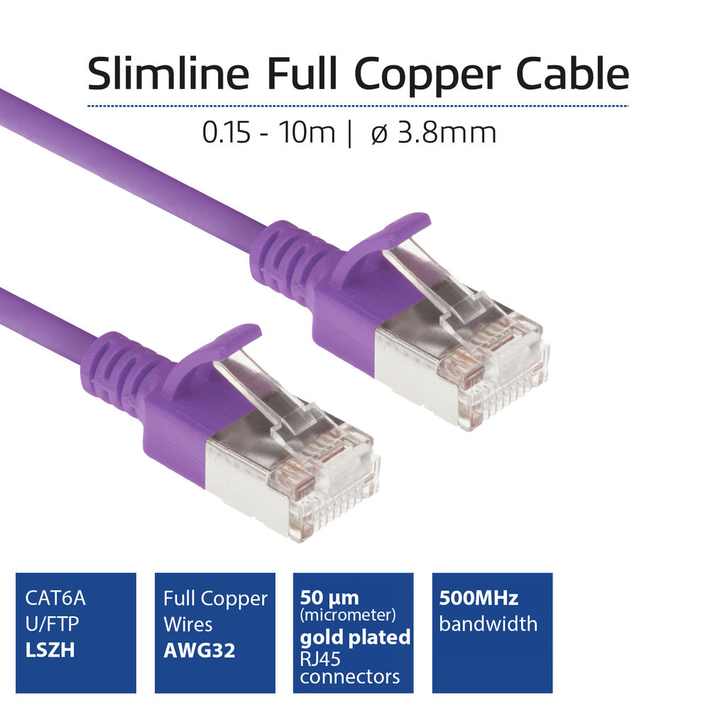 Fioletowy kabel Slimline Full Copper z złączami RJ45. Specyfikacje: CAT6A, długość 0,15-10m i przepustowość 500MHz.