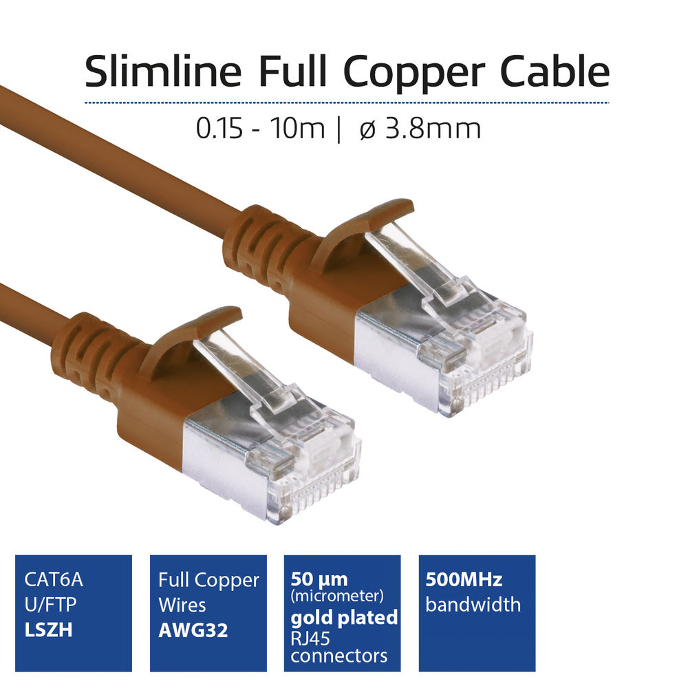 Braunes Netzwerkkabel mit RJ45-Anschlüssen. Textdetails umfassen Slimline Full Copper Cable, CAT6A und Steckerspezifikationen.