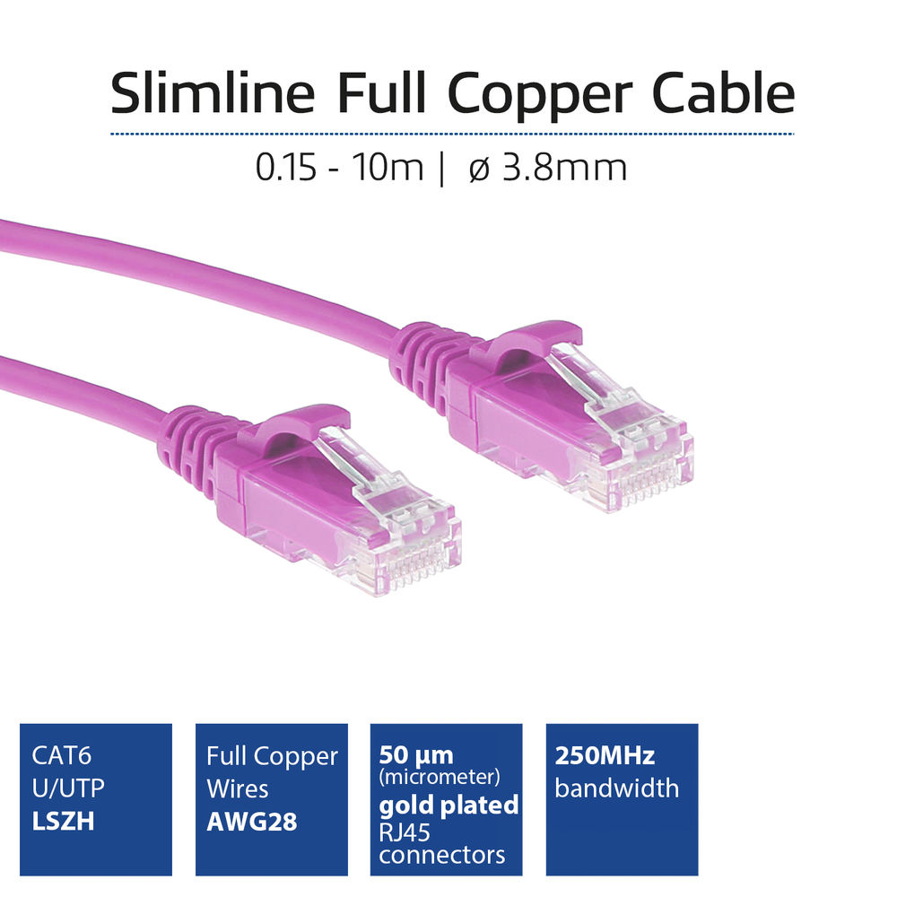 Fioletowy kabel sieciowy z różowymi złączami. Tekst zawiera 'Slimline Full Copper Cable' i specyfikacje techniczne.