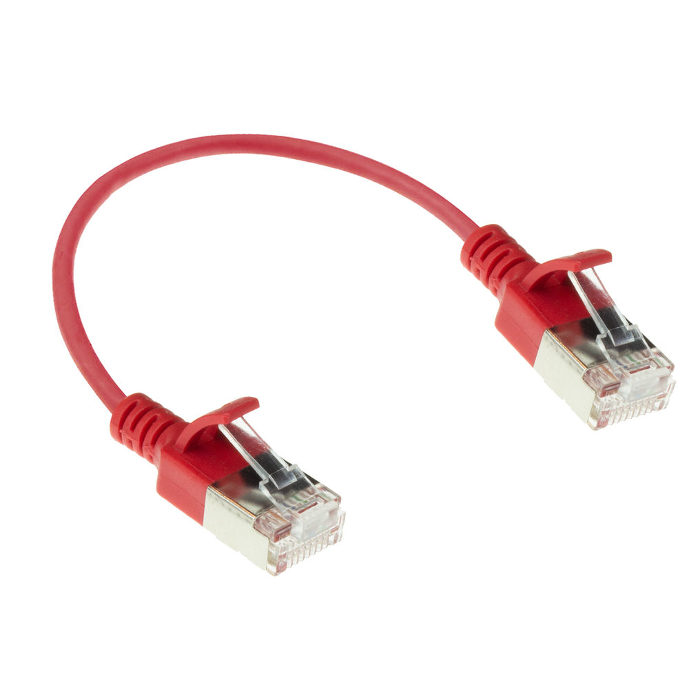 Un cavo Ethernet rosso con connettori ad entrambe le estremità. Il cavo è piegato ad arco su sfondo bianco.
