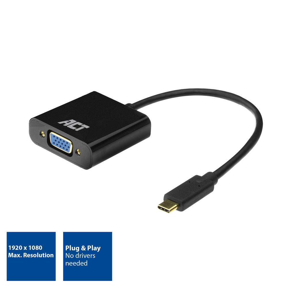 Schwarzer ACT-Adapter mit VGA- und USB-C-Anschlüssen. Enthält Kabel und Informationsboxen mit Auflösungs- und Plug-&-Play-Details.