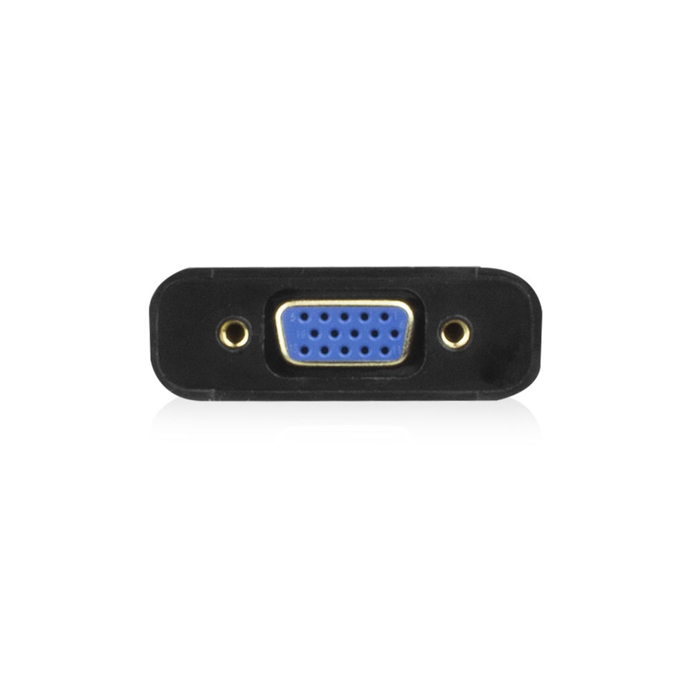 Schwarzer VGA-Stecker mit blauen Stiften, zwei Schrauben, zentriert auf Weiß. Klare Reflexion unten.