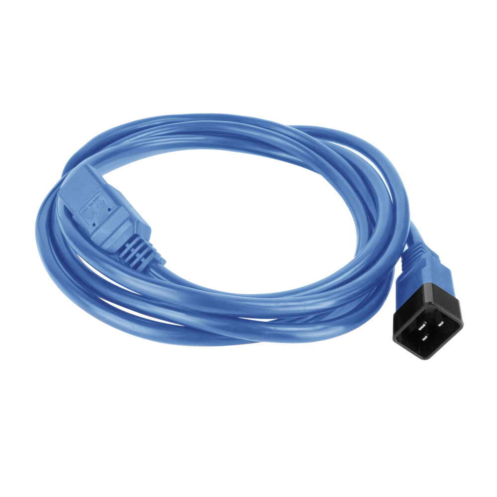 Ein blaues Netzkabel mit Anschlüssen an beiden Enden liegt aufgerollt. Ein Ende hat einen schwarzen Stecker, das andere einen blauen.