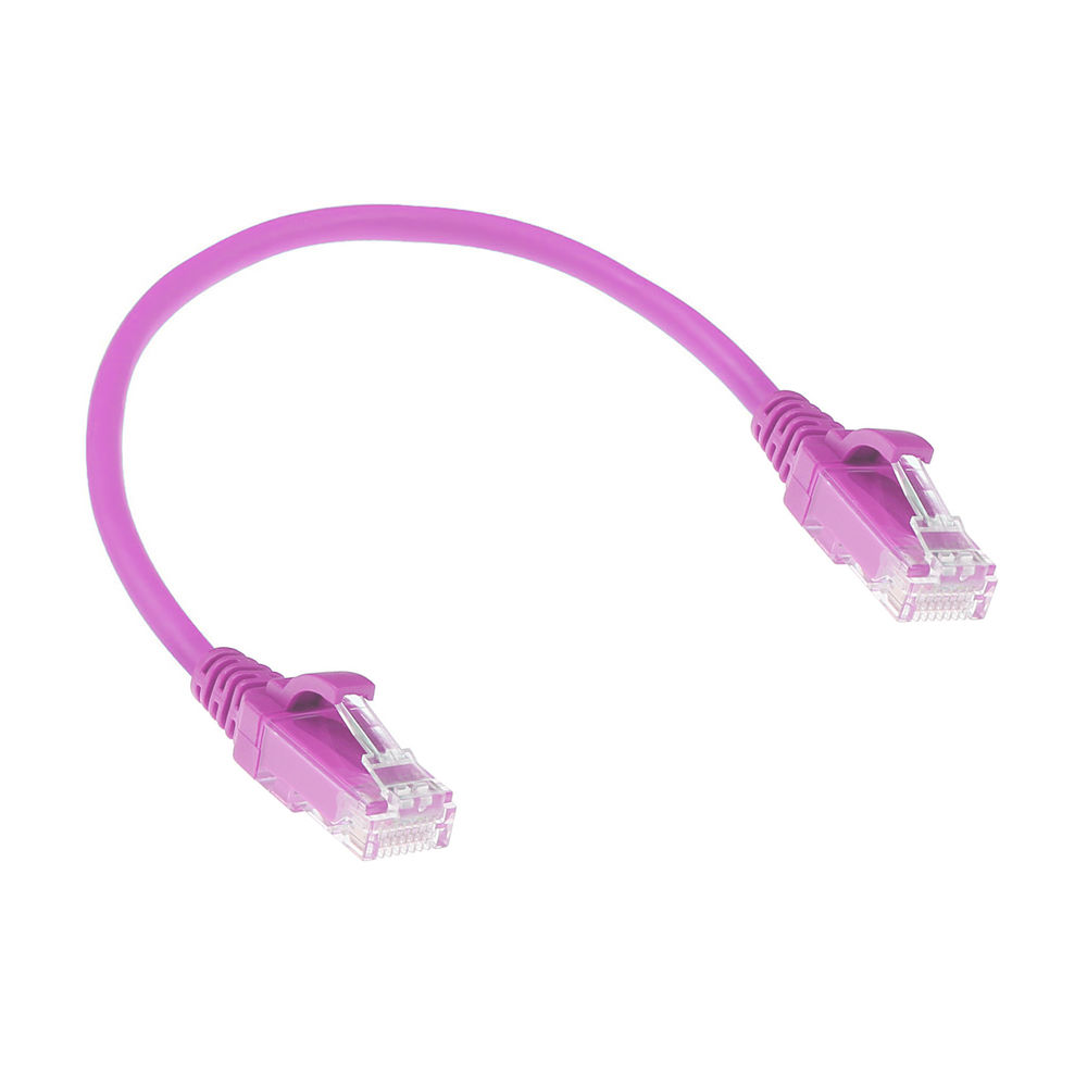 Een paarse Ethernet-kabel met twee connectoren. De kabel is gebogen. Connectoren zijn lichter paars met doorzichtig plastic.