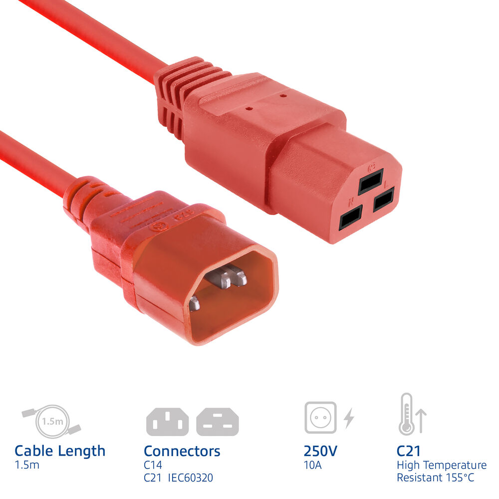 Ein rotes Netzkabel mit C14- und C21-Anschlüssen. Es hat eine Kabellänge von 1,5 m und ist hochtemperaturbeständig. Spezifikationen sind ebenfalls angegeben.