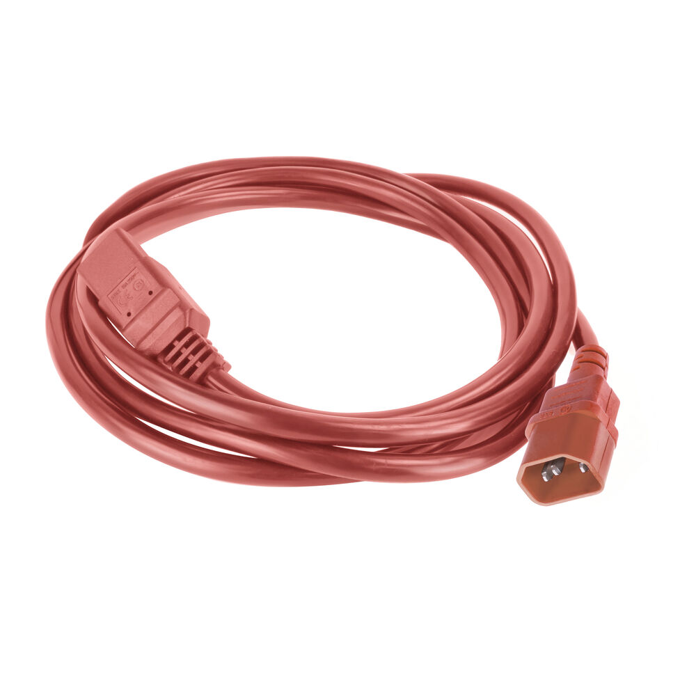 Ein gewendeltes rotes Netzkabel liegt auf einer weißen Oberfläche. Es hat zwei Stecker, einen an jedem Ende. Die Stecker sind braun.