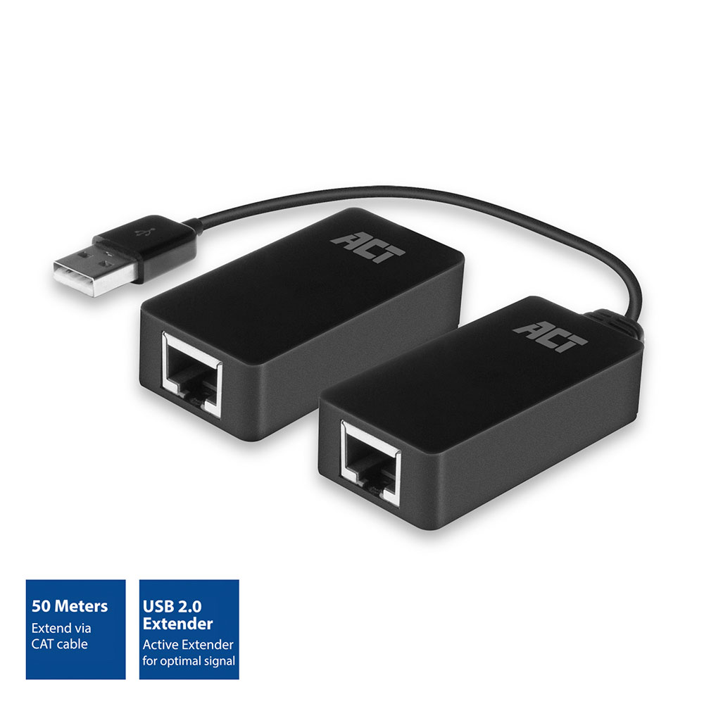 Twee zwarte ACT USB 2.0 Extender-apparaten. Eén heeft een USB-connector, de andere een netwerkpoort. Tekst geeft 50m verlenging aan.