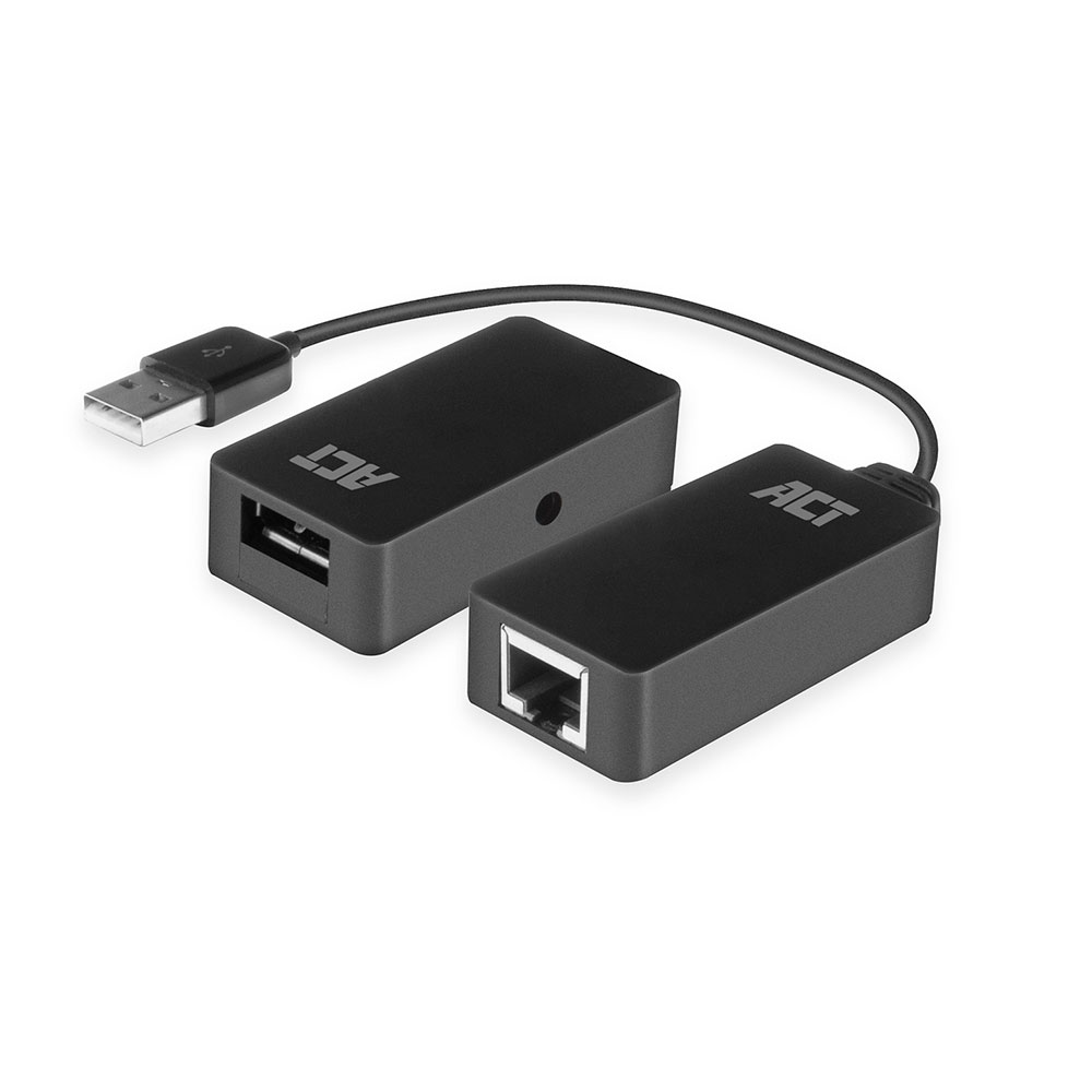 Twee zwarte netwerkadapters, met het label ACT, verbonden via een kabel. Eén heeft een USB-connector, de andere een Ethernet-poort, op witte achtergrond.