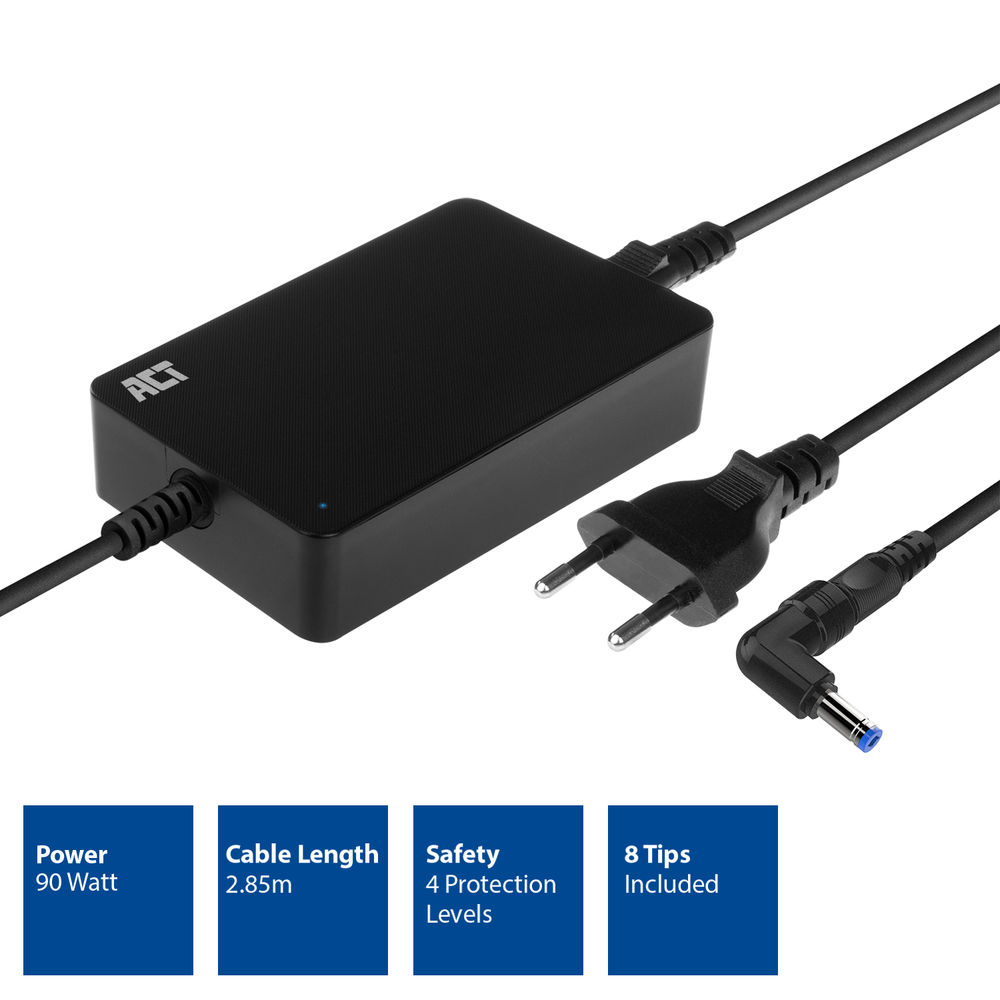 Black ACT power adapter with cables, plug, and blue-tipped connector. Info boxes show power, cable length, safety, and included tips.