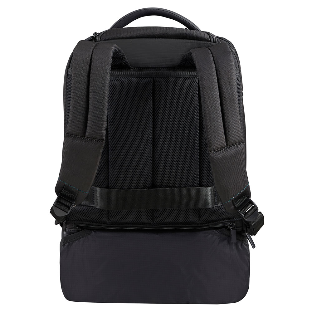 Schwarzer Rucksack von hinten. Mit Schultergurten, Mesh-Rückenteil, Tragegriff und einem unteren Fach.