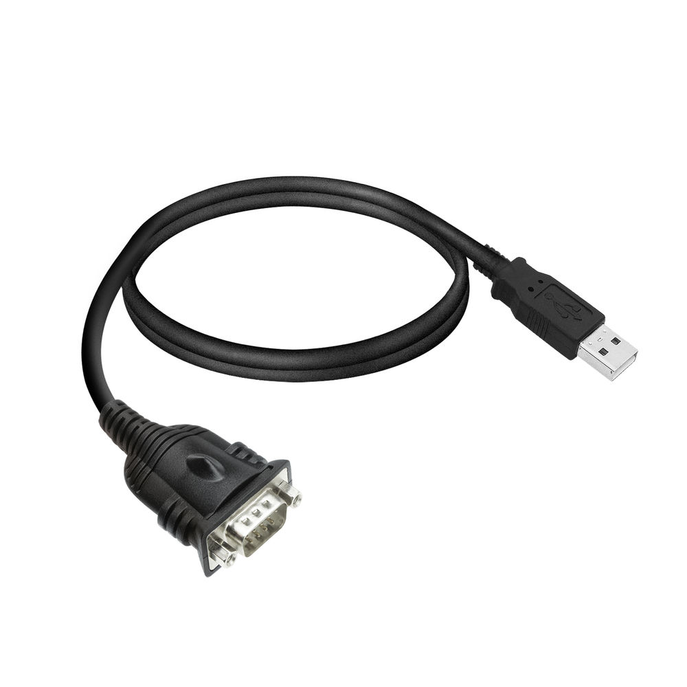 Ein schwarzes USB-zu-Seriell-Kabel auf weißem Hintergrund. Es hat einen USB-Anschluss an einem Ende und einen seriellen Anschluss am anderen.