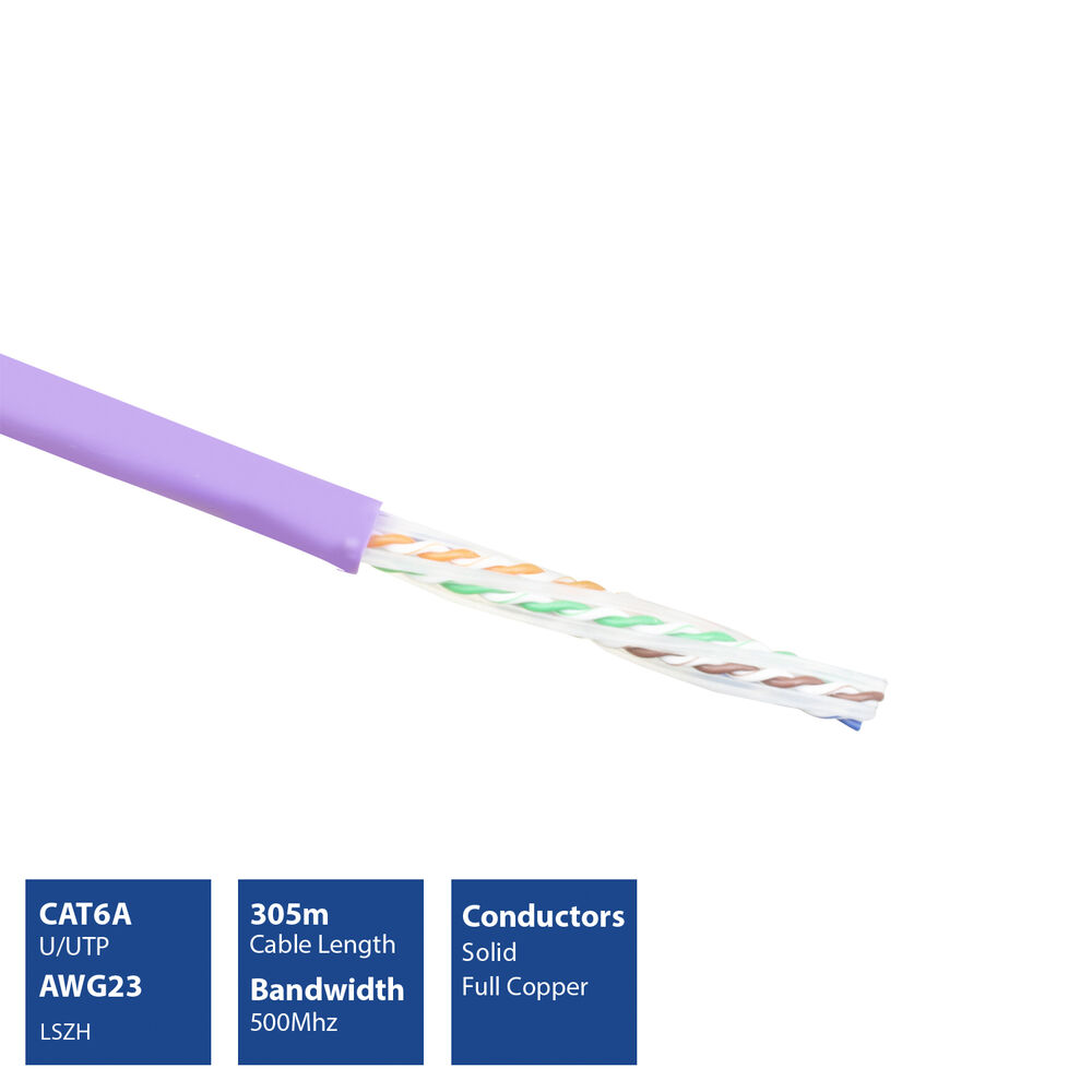 Un cavo di rete viola con diversi fili colorati all'interno. I blocchi informativi mostrano specifiche come CAT6A e larghezza di banda.