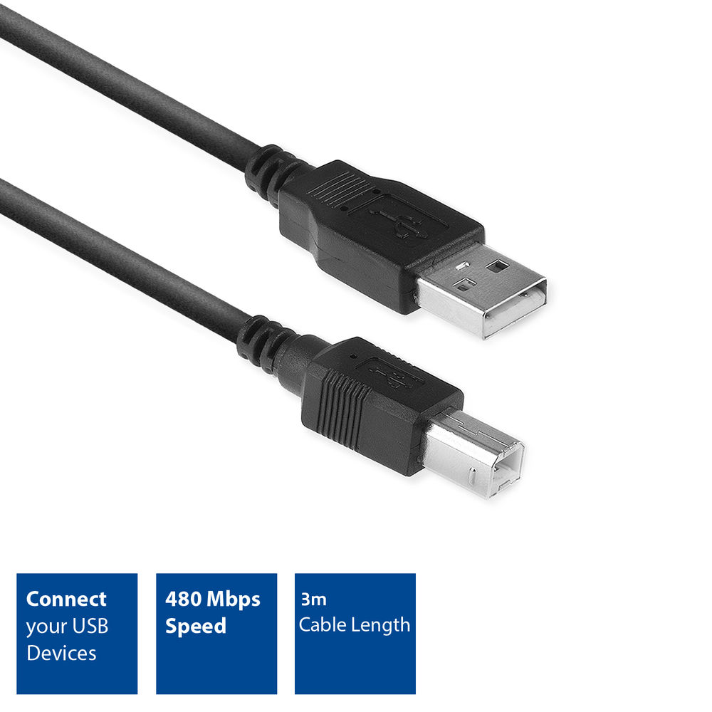 Zwarte USB-kabel met zilveren connectoren. Blauwe vakken: Verbind uw USB-apparaten, 480 Mbps Snelheid, 3m Kabellengte.