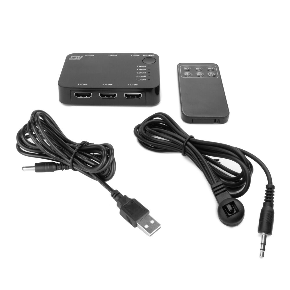 Schwarzer HDMI-Switch mit Fernbedienung, Kabeln und Anschlüssen. Inklusive USB-Kabel und IR-Empfängerkabel.