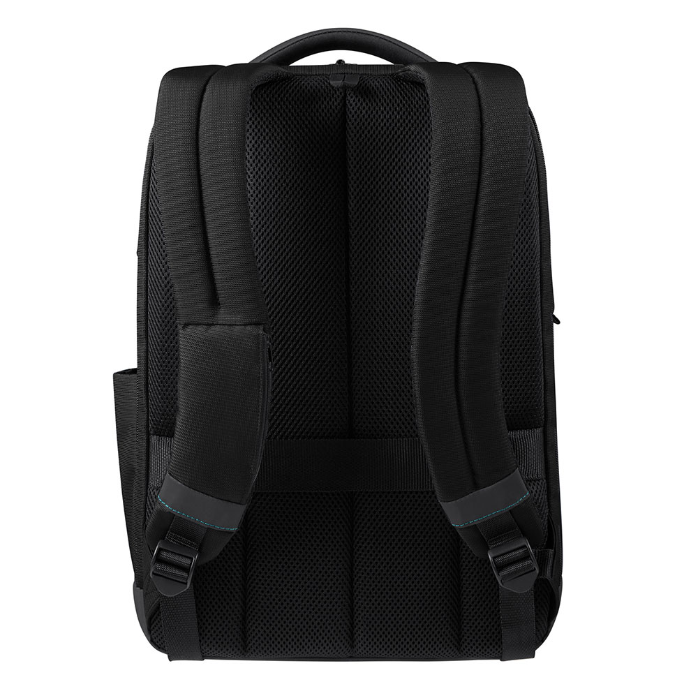 Ein schwarzer Rucksack mit Griff, Schultergurten und einem Mesh-Rückenteil wird von hinten gezeigt. Es hat mehrere Fächer.