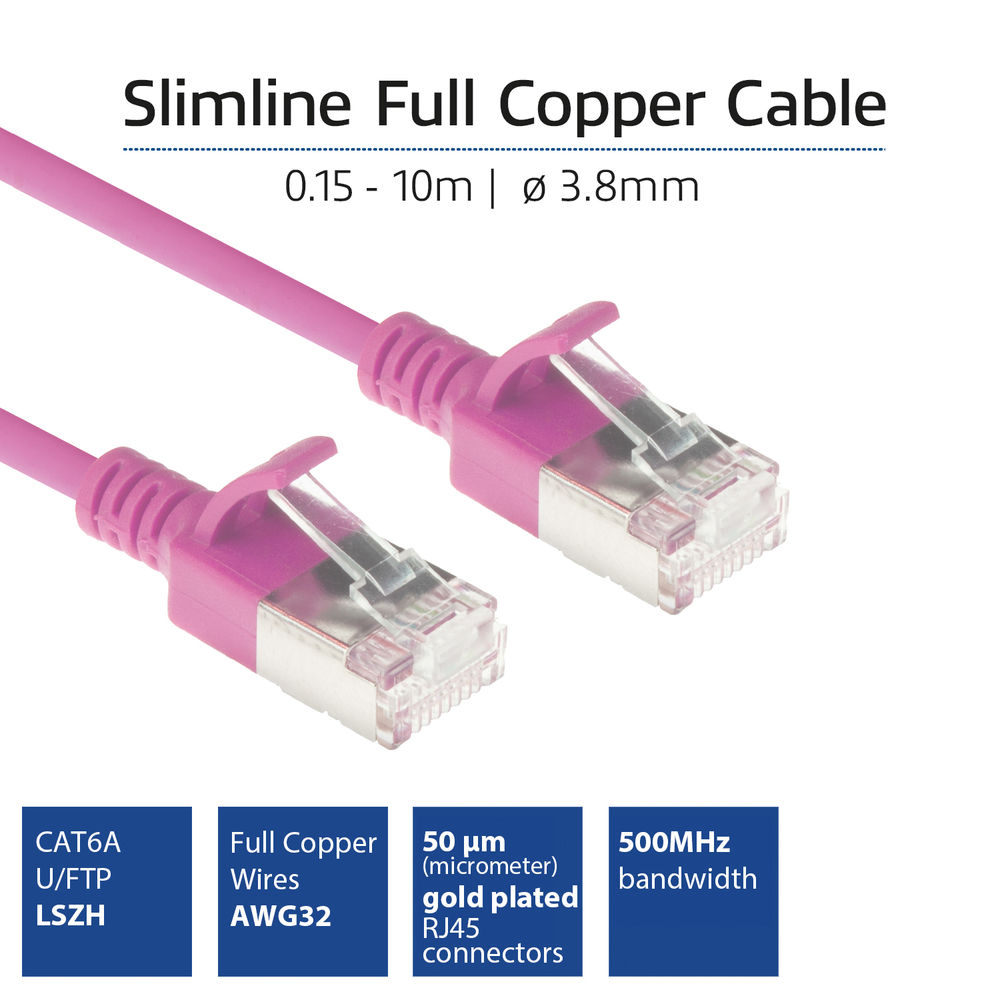 Dwa różowe złącza RJ45 z kablem, informacje o produkcie: Slimline Full Copper Cable, CAT6A, U/FTP, LSZH, pozłacane złącza RJ45.