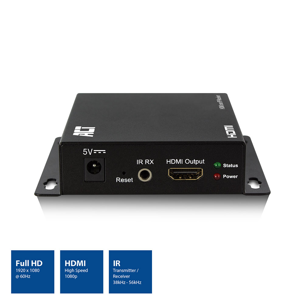 Schwarzer HDMI-Sender/Empfänger mit Anschlüssen für Strom, IR und HDMI. Textbeschriftungen sind 'Status', 'Power' und 'HDMI Output'.