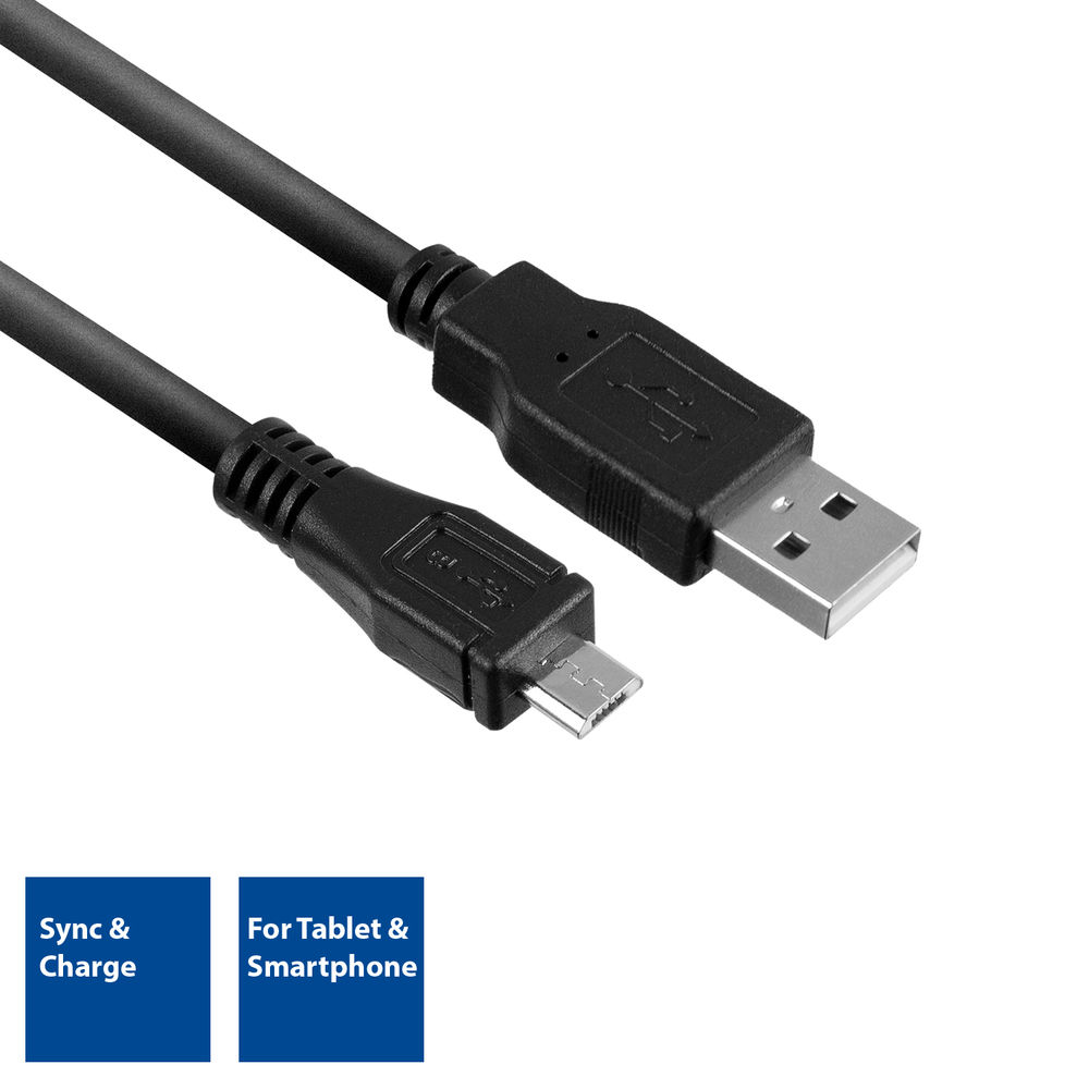 Zwarte USB-kabel met USB-A en micro-USB connectoren. Blauwe vakken: 'Sync & Charge' en 'Voor Tablet & Smartphone'.
