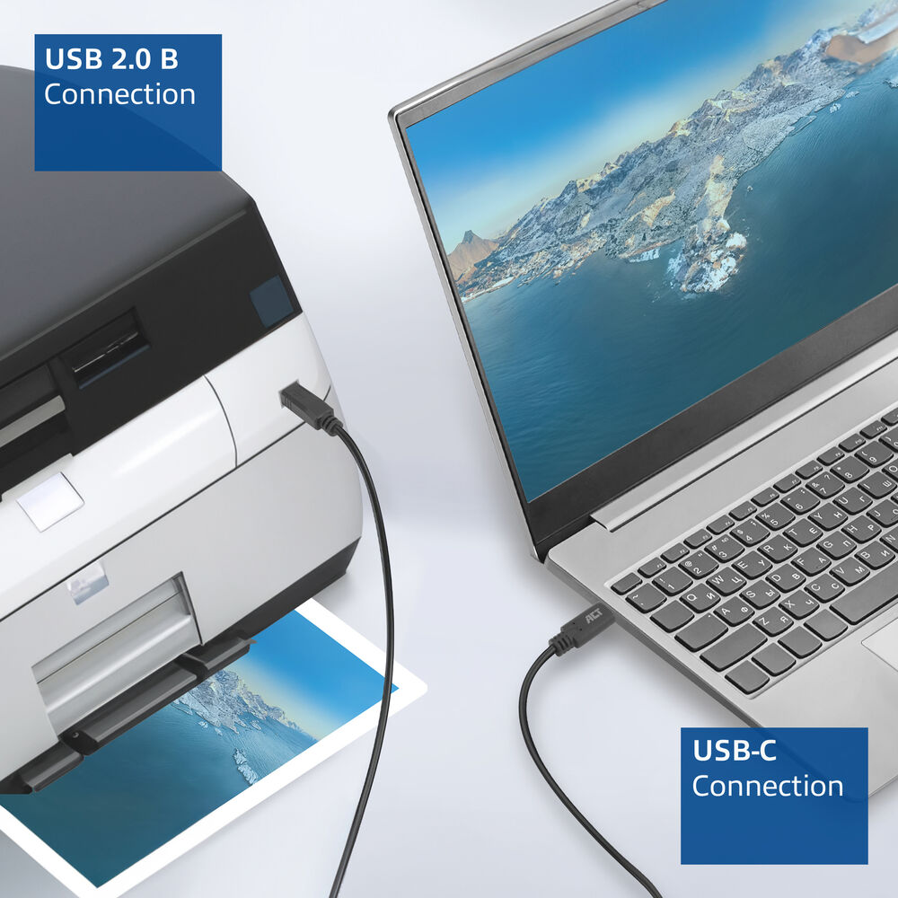 Un laptop collegato a una stampante con cavi USB. Il laptop mostra un paesaggio. Una stampa esce dalla stampante.