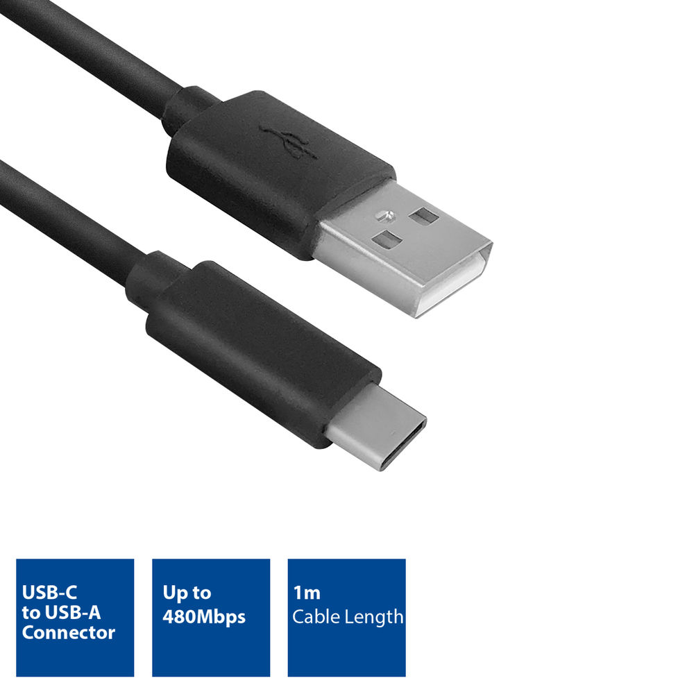 Schwarzes USB-C-auf-USB-A-Kabel, 1 m lang. Blaue Kästen: Anschlusstyp, Geschwindigkeit bis zu 480 Mbit/s und Kabellänge.