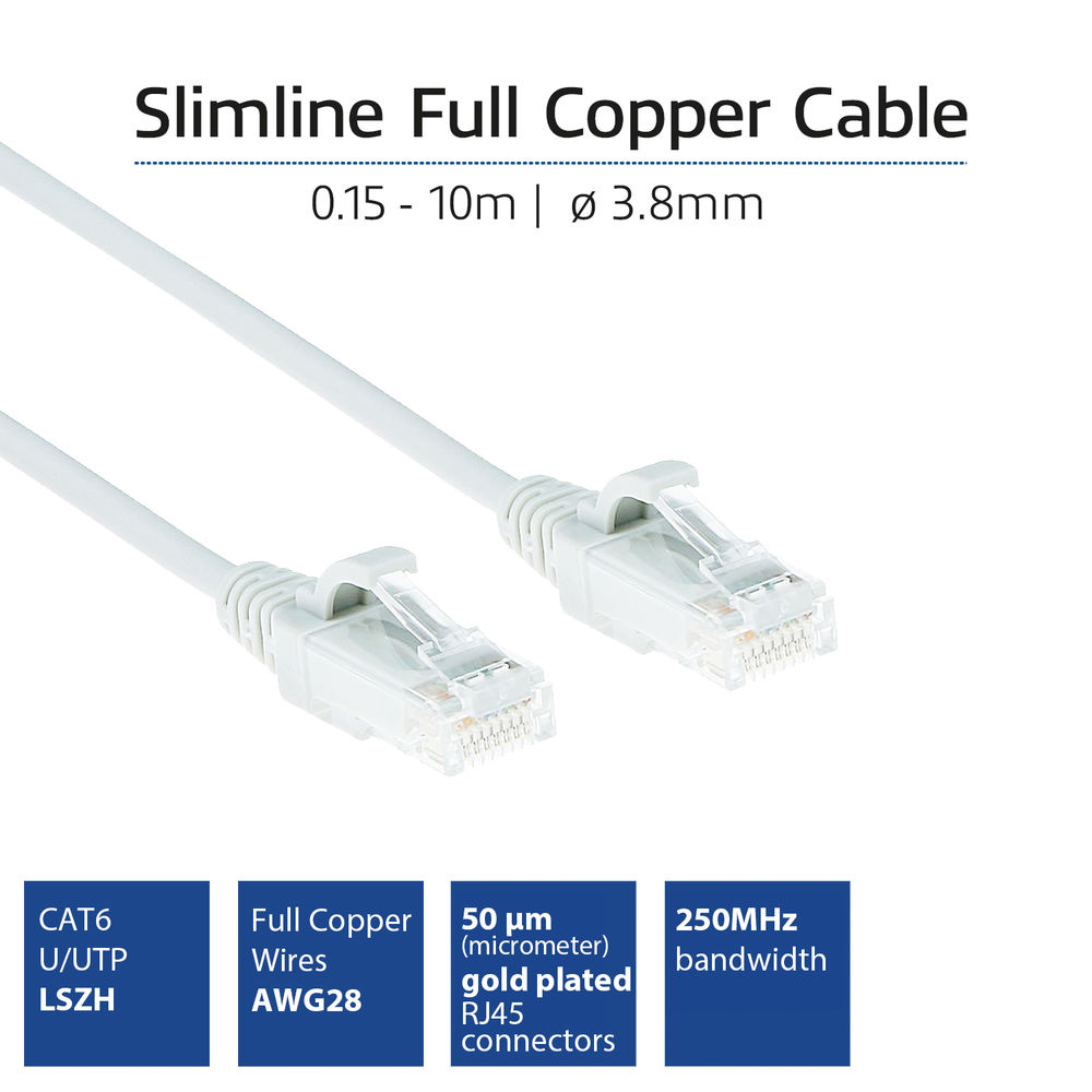 Biały kabel sieciowy z wtyczkami. Tekst: Slimline Full Copper Cable, CAT6, 0,15-10m, pozłacany, przepustowość 250MHz.