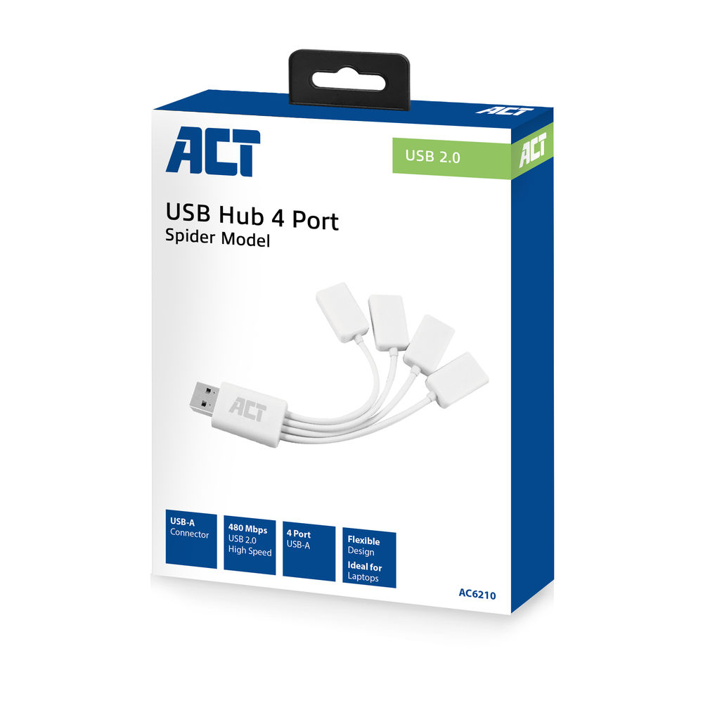 Eine weiße und blaue ACT USB Hub 4 Port Box. Der Hub ist weiß, mit 4 Anschlüssen. USB-A-Anschluss und 480 MBit/s.