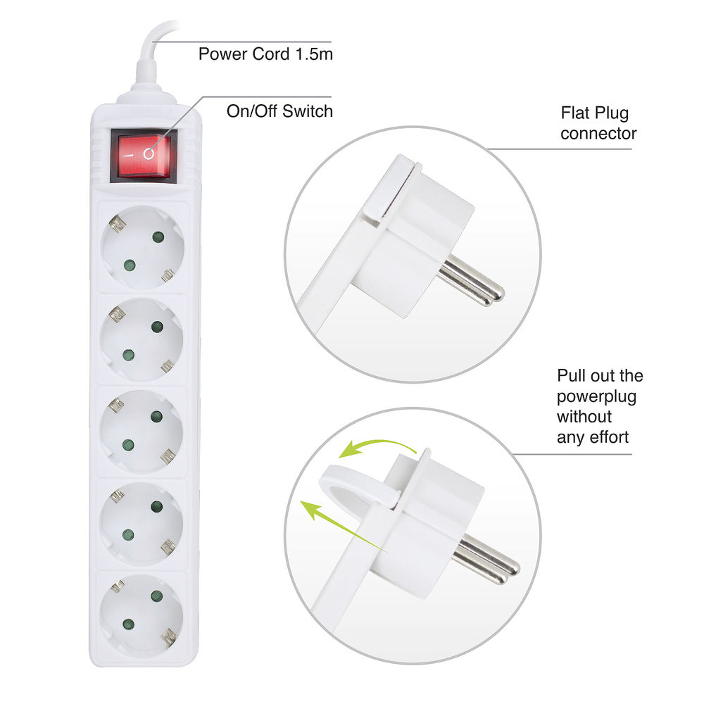 Biała listwa zasilająca z włącznikiem/wyłącznikiem i czerwonym przyciskiem. Ma wiele gniazd, a wtyczka z wysuwaną konstrukcją jest pokazana.