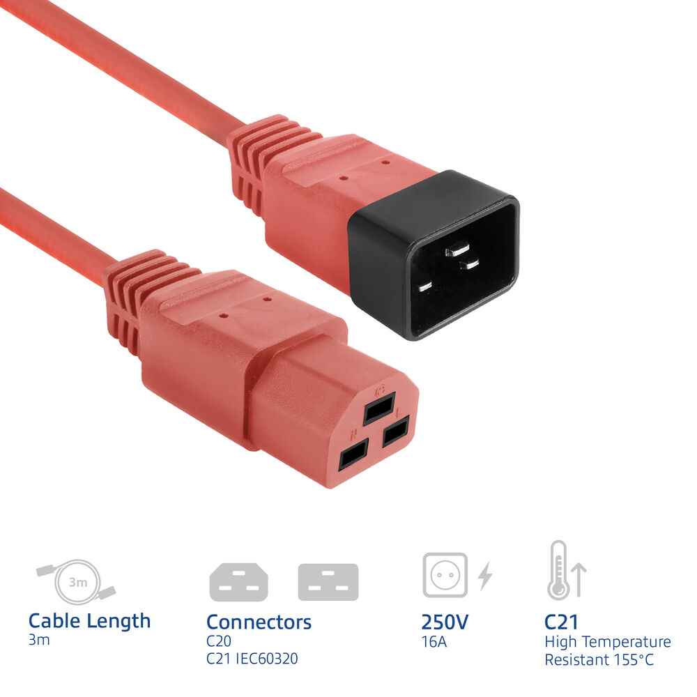 Rotes Netzkabel mit schwarzen und roten Steckern. Merkmale sind 3 m Kabellänge, C20- und C21-Stecker, 250 V/16 A Nennleistung und Hochtemperaturbeständigkeit.