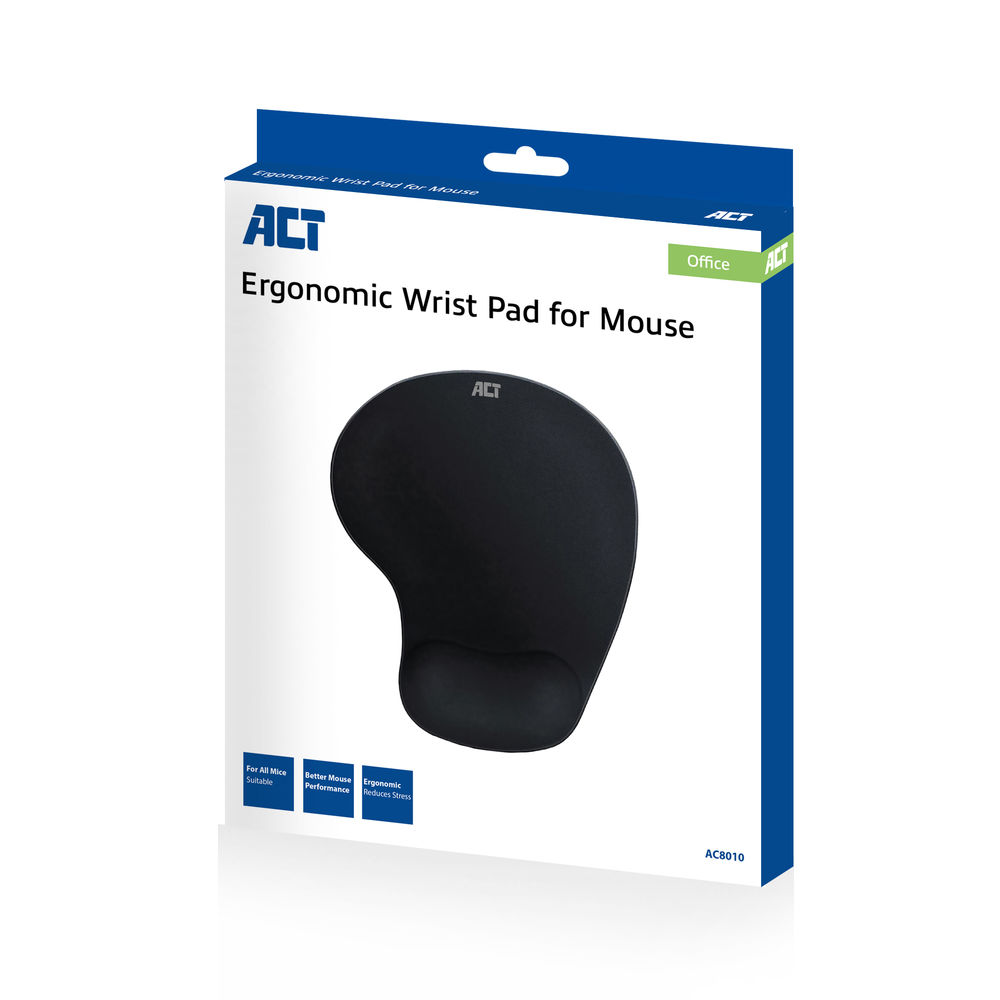 Eine Schachtel zeigt ein ergonomisches Handgelenkpad für eine Maus. Das Pad ist schwarz, die Schachtel ist weiß und blau, mit dem 'ACT'-Logo.
