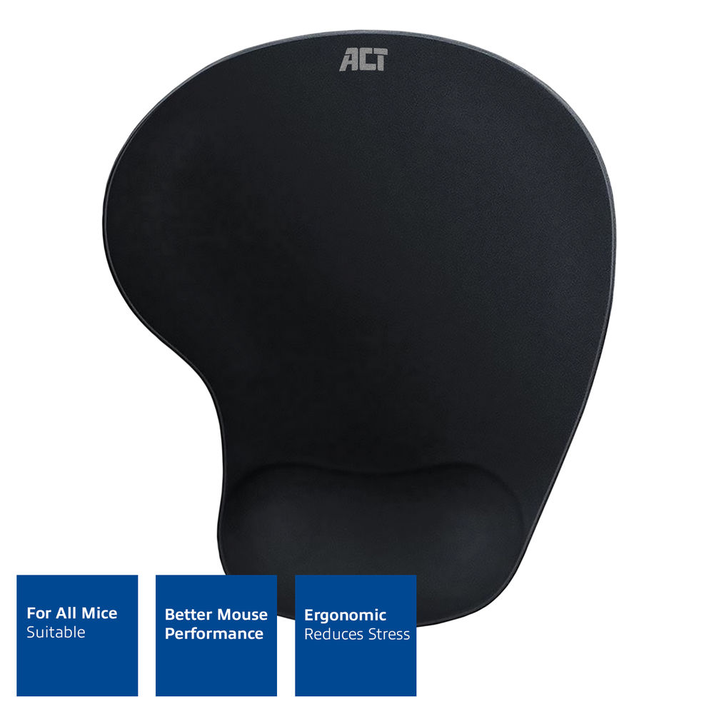Schwarzes ergonomisches Mauspapier mit Handgelenkstütze. Merkmale 'ACT' Logo und Textfelder: 'Für alle Mäuse', 'Bessere Maus', 'Ergonomisch Reduziert'.