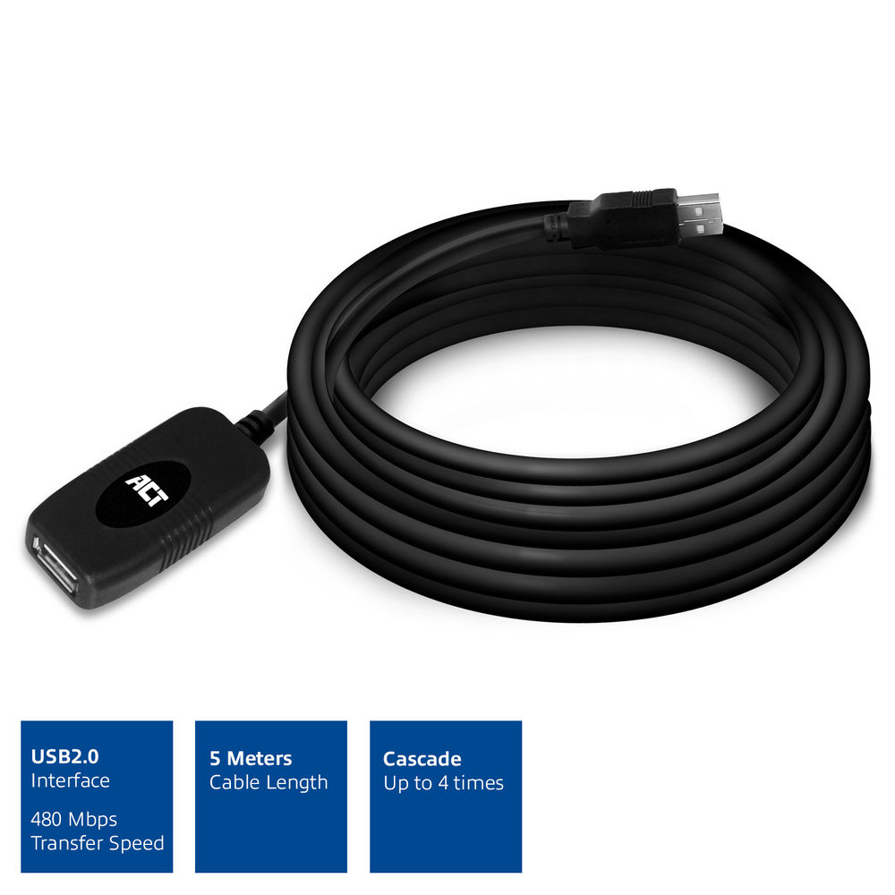 Un câble d'extension USB noir est enroulé. Le câble a un connecteur USB et un port USB femelle. Les boîtes d'informations sont en bas.