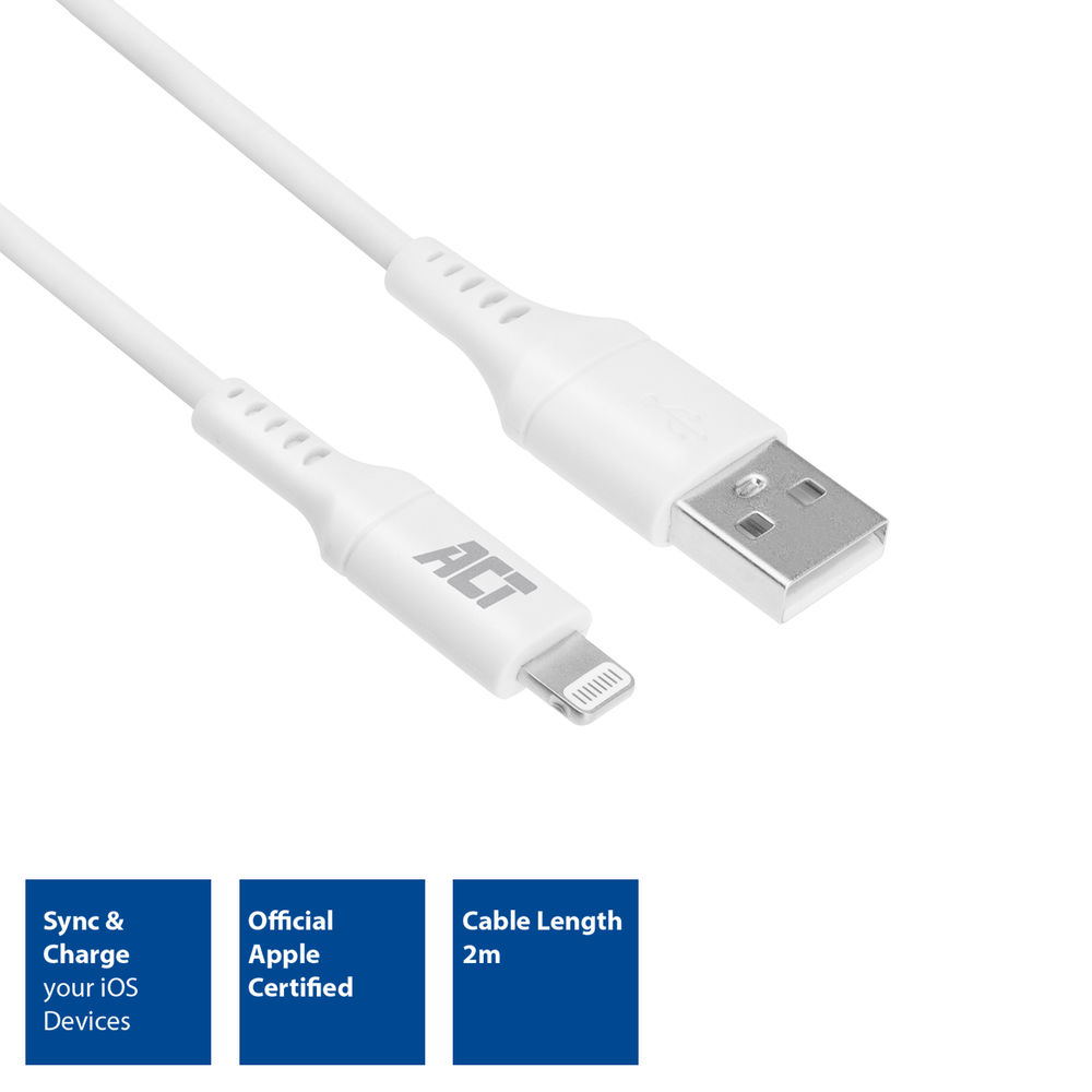 Weißes ACT-Lightning-Kabel mit USB-Anschluss. Funktionen umfassen das Synchronisieren, Aufladen von iOS-Geräten und ist Apple-zertifiziert. Kabellänge 2m.