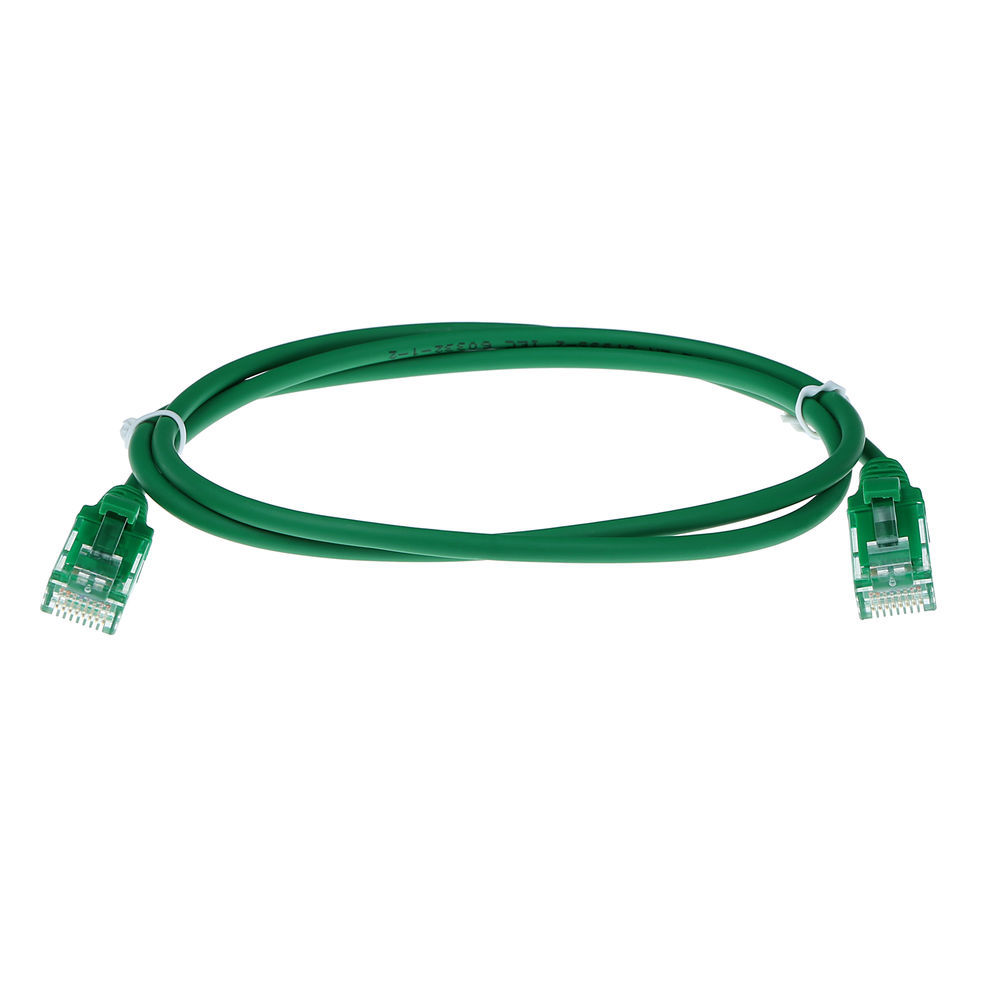 Un cavo Ethernet verde su sfondo bianco. Ha connettori su entrambe le estremità. Il cavo è ad anello.