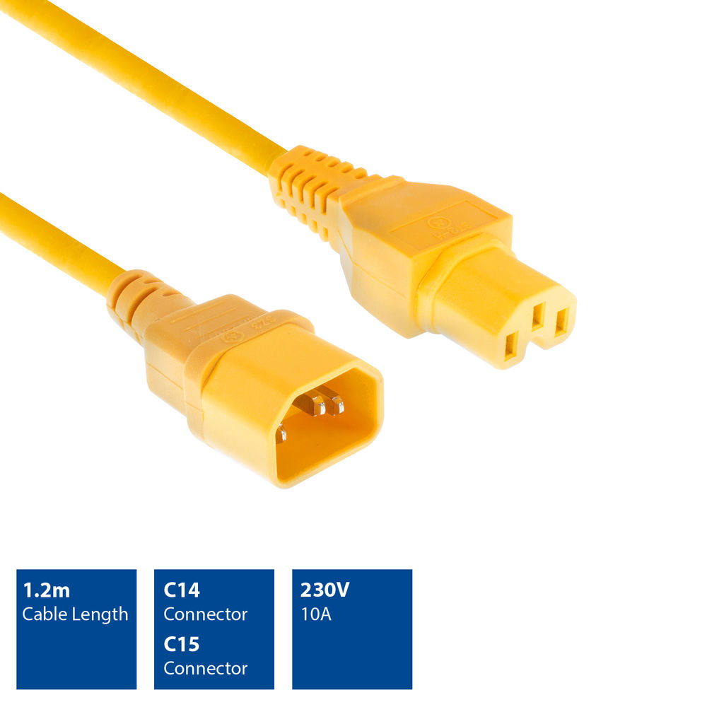Gelbes Stromkabel mit C14- und C15-Anschlüssen. Spezifikationen: 1,2 m, 230 V, 10 A.
