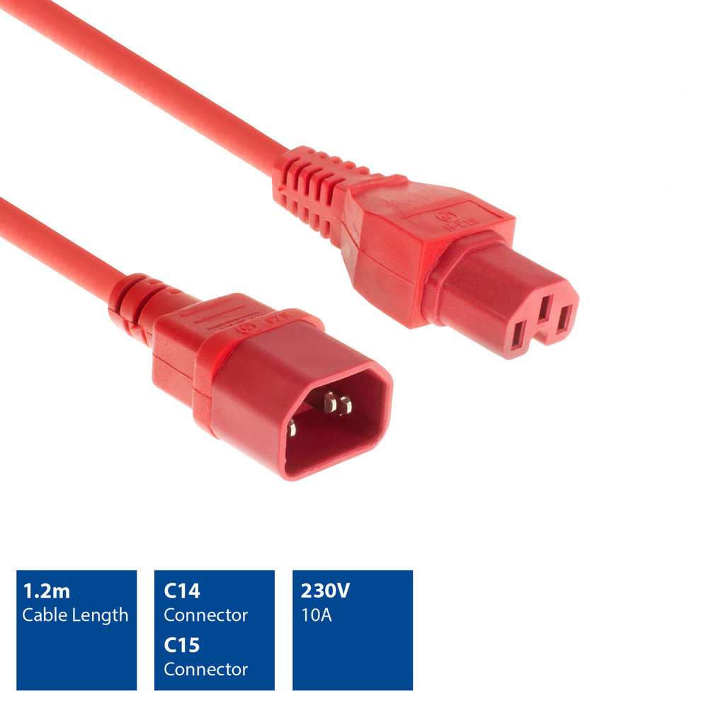 Rotes Netzkabel mit C14- und C15-Anschlüssen. Spezifikationen: 1,2 m Kabel, 230 V, 10 A.