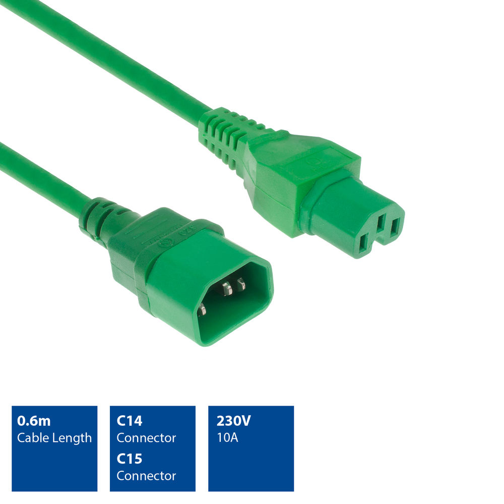 Ein grünes Netzkabel mit C14- und C15-Steckern. Das Kabel ist 0,6 m lang und unterstützt 230 V/10 A. Weißer Hintergrund.