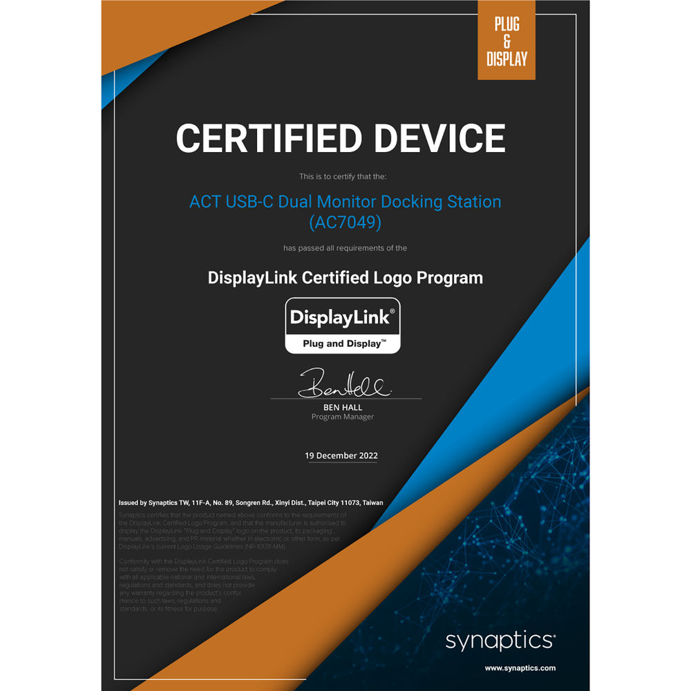 Un certificato con testo: Dispositivo certificato, docking station USB-C ACT (AC7049), logo DisplayLink e logo Synaptics.