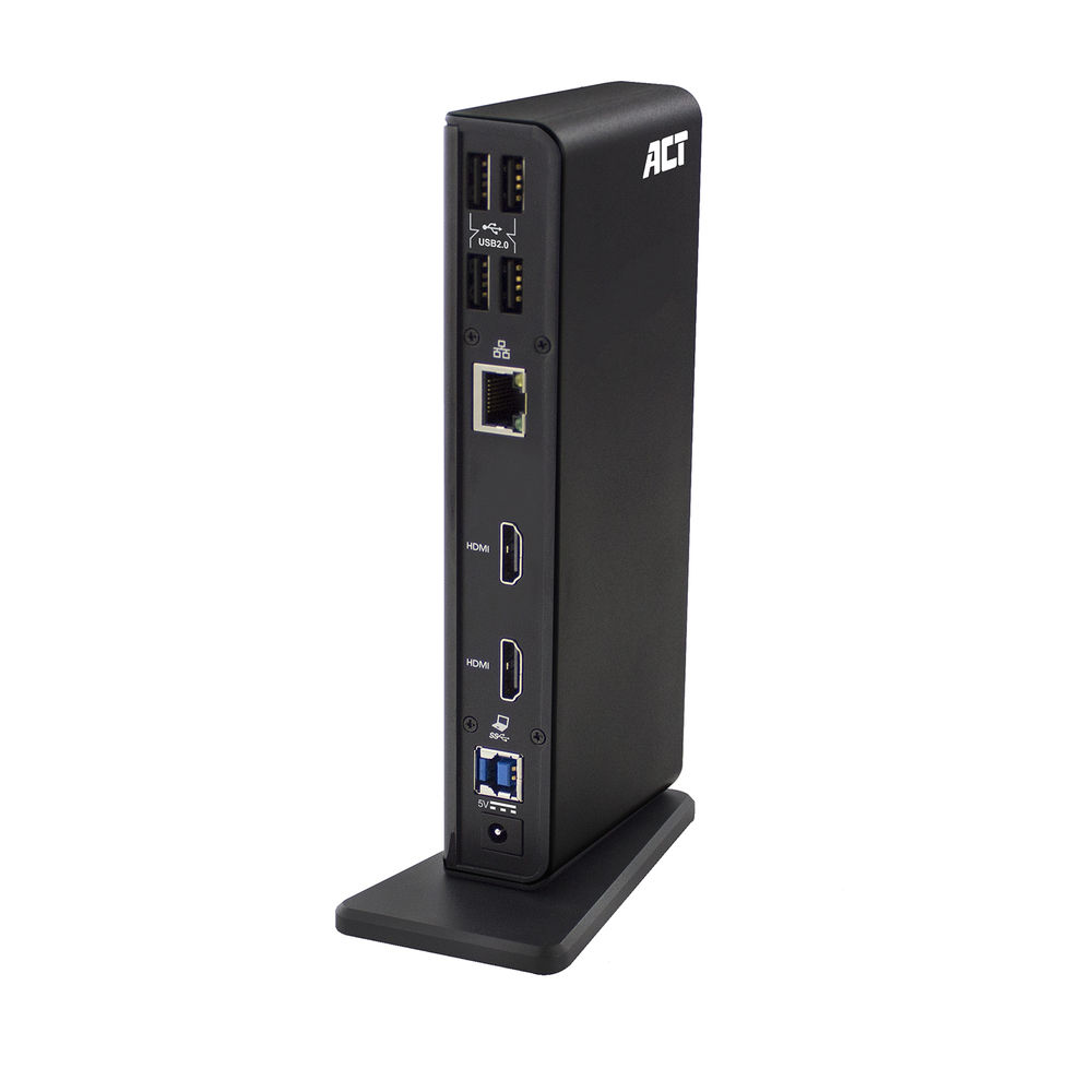 Una docking station ACT nera su sfondo bianco. Ha porte USB, HDMI ed Ethernet.