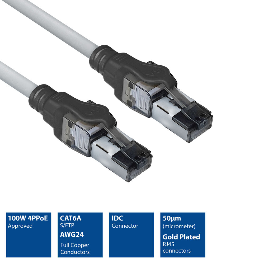 Due connettori RJ45 con cavo grigio. Info box: 100W 4PPoE, CAT6A S/FTP AWG24, connettore IDC, connettori RJ45 placcati oro 50μm.