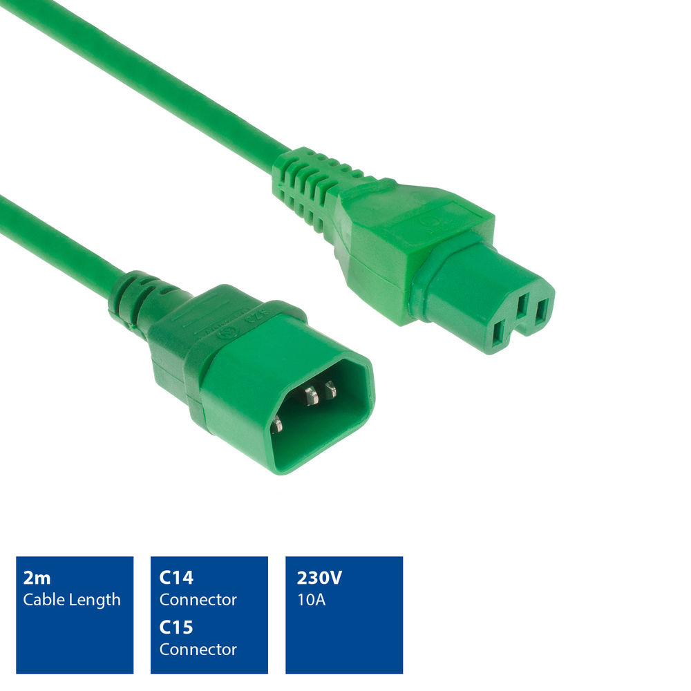 Ein grünes Netzkabel mit C14- und C15-Steckern. Es ist 2 m lang und unterstützt 230 V und 10 A. Die Stecker befinden sich an jedem Ende.