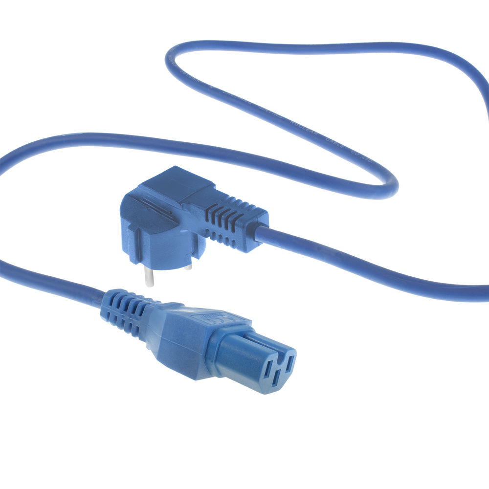 Ein blaues Netzkabel mit zwei Steckern. Einer ist ein Stecker, der andere eine Buchse. Der Hintergrund ist weiß.