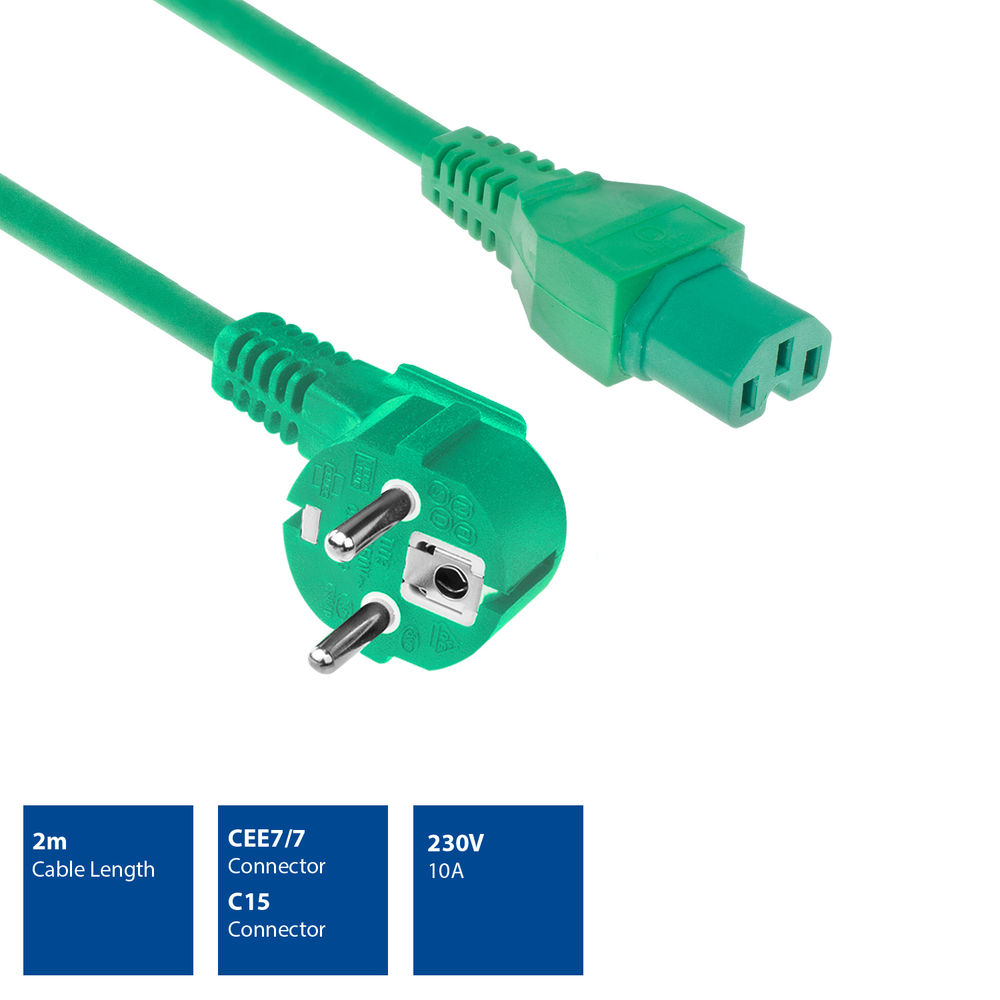 Ein grünes Netzkabel mit Steckern. Zeigt einen CEE 7/7-Stecker und einen C15-Anschluss. Das Kabel ist 2 m lang und unterstützt 230 V 10 A.