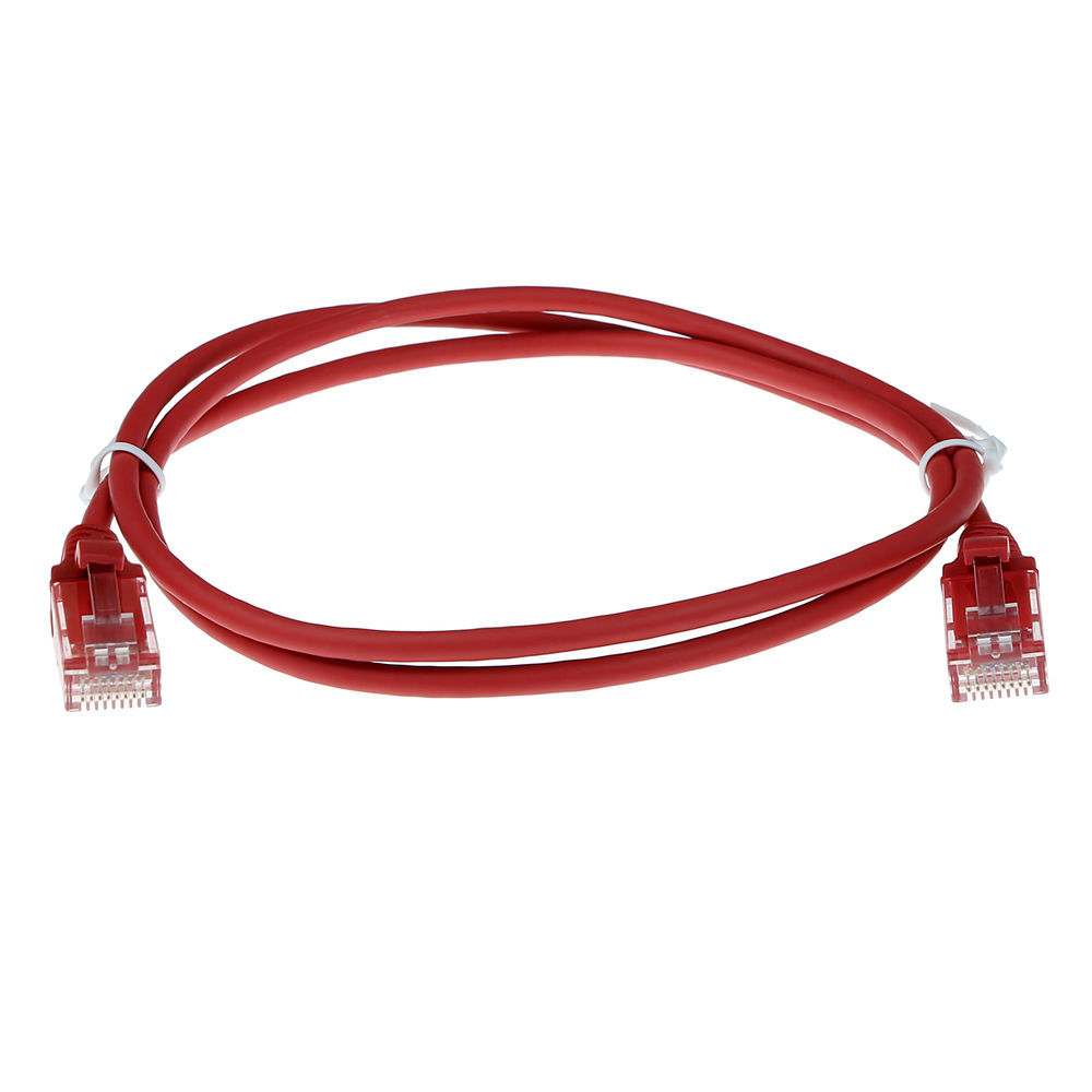 Un cavo Ethernet rosso è arrotolato su uno sfondo bianco. Il cavo ha connettori su entrambe le estremità ed è fissato con una fascetta bianca.