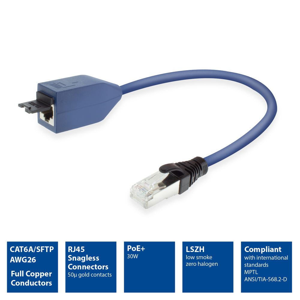 Un câble réseau bleu avec des connecteurs à chaque extrémité. Des zones de texte décrivent des caractéristiques comme CAT6A, RJ45, PoE+ et LSZH.