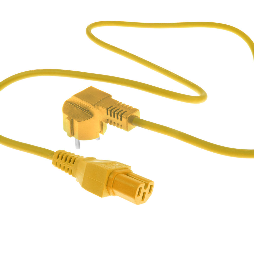 Ein gelbes Netzkabel mit zwei Steckern. Einer ist ein Stecker, der andere eine Buchse. Der Hintergrund ist weiß.